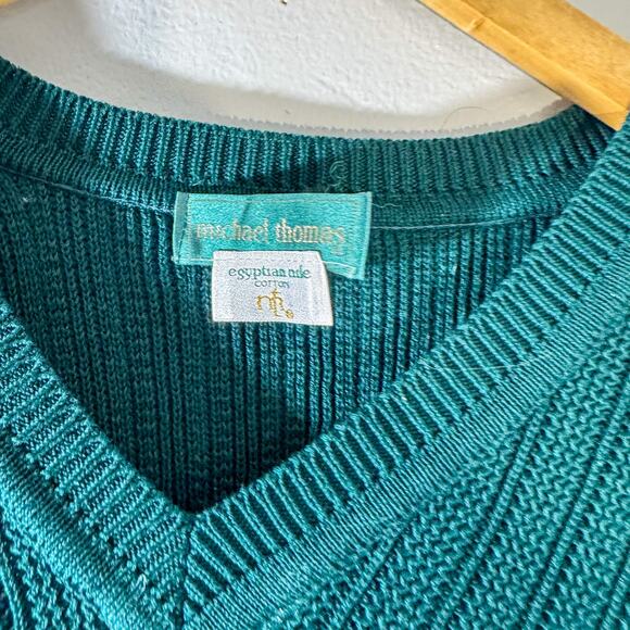 90s Michael Thomas Ltd Teal Egyptian Nile Cotton Knit Sweater Vest Made in USA - Picture 2 of 6